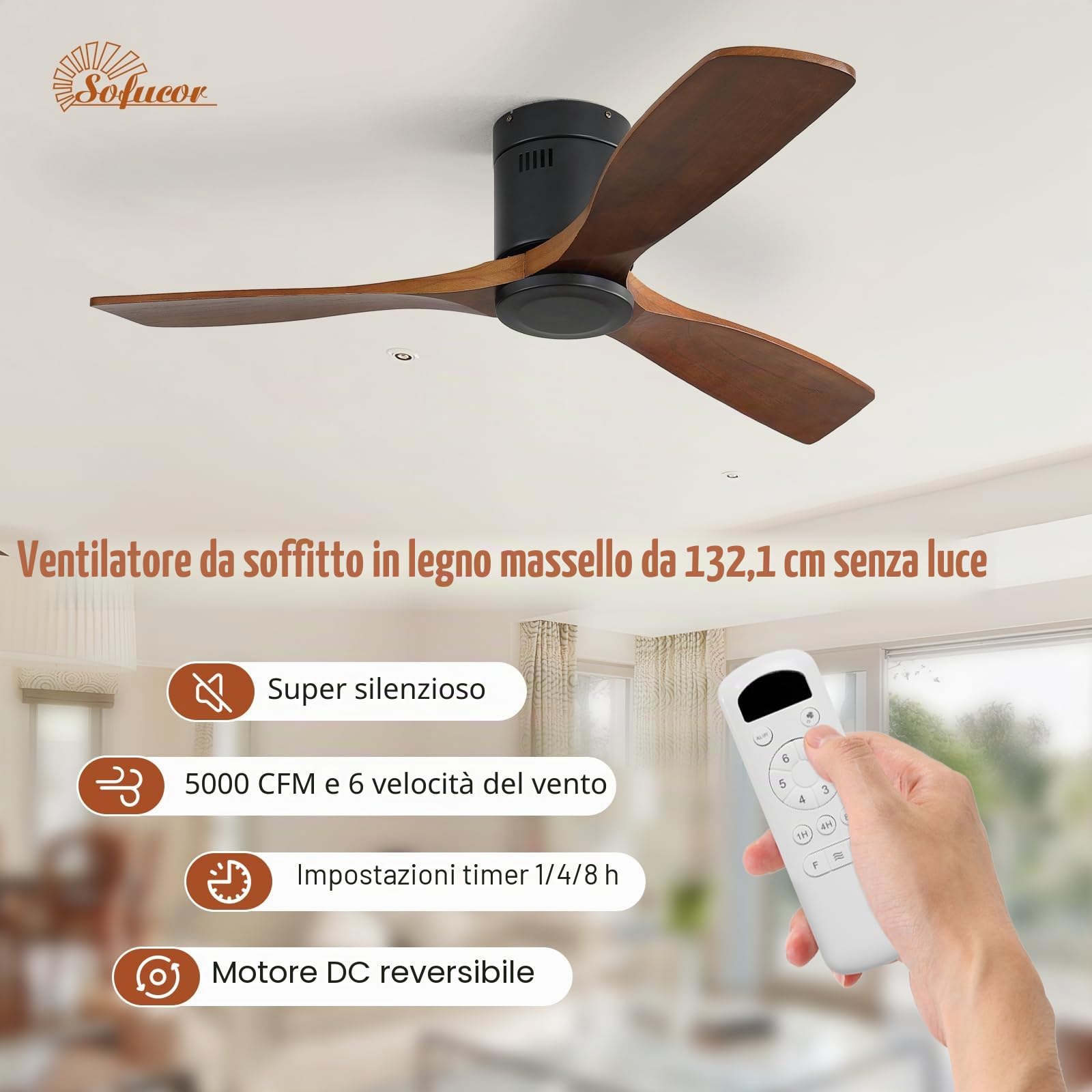 Sofucor 132cm Ventilatore da Soffitto in Legno Massiccio, Telecomando, 6 Velocità, Timer, Motore DC Silenzioso Ventilatore Soffitto per Soggiorno, Cucina, Camera da Letto