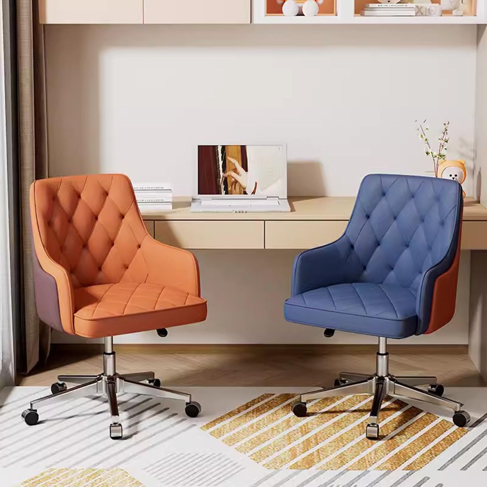 Krzesło biurowe ze skóry PU ze średnim oparciem Ergonomiczne krzesło obrotowe do zadań specjalnych, domowe krzesło biurowe do komputera Krzesło w stylu retro ze złotą metalową podstawą
