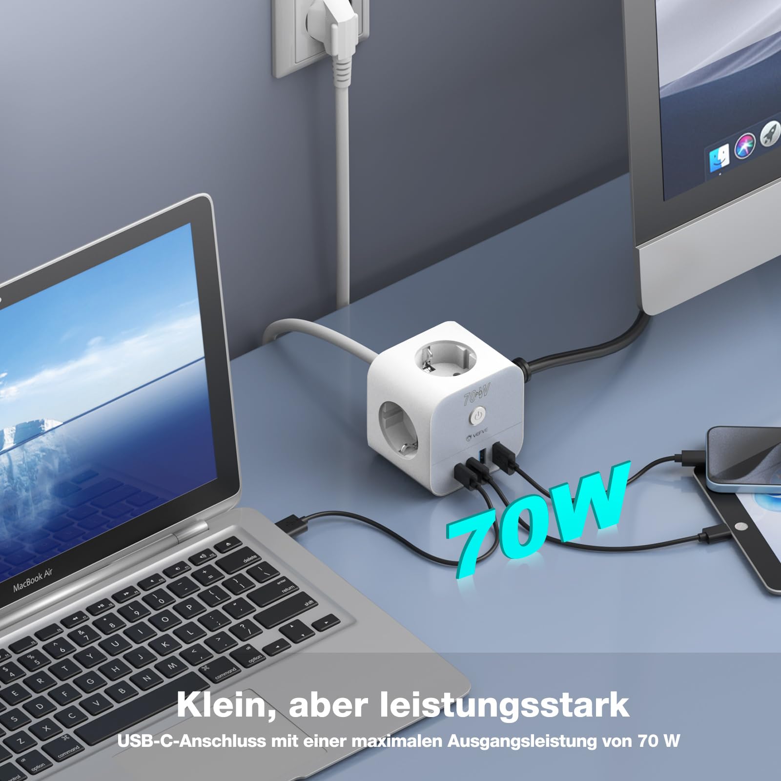 VEFVE Multiprise Cube 7 en 1 (Attention : Standard Allemand Schuko), Chargeur USB-C 70W GaN, 3 Prises (3680W) & 4 USB avec Interrupteur, Câble 3m, pour Laptops et Smartphones, Blanc