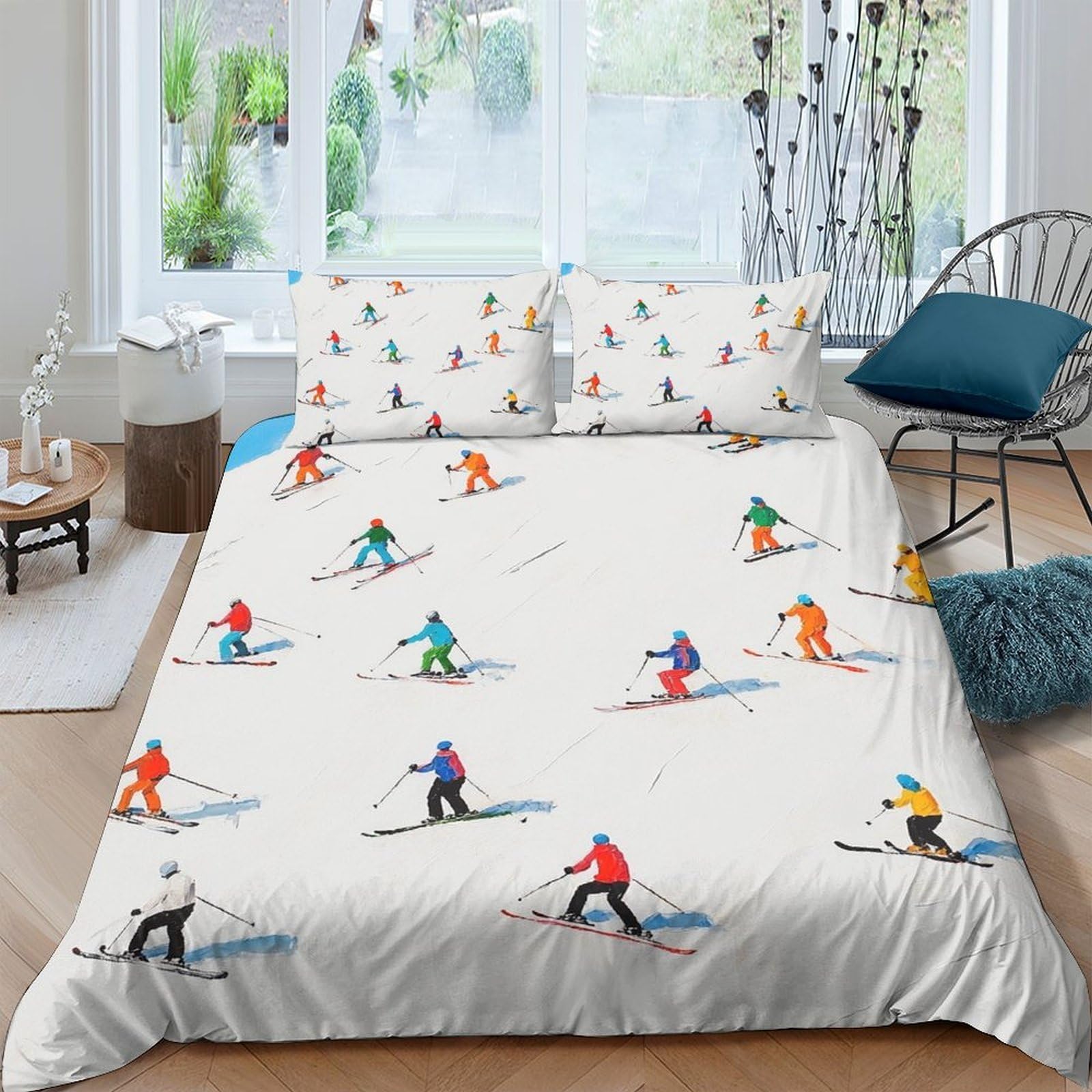 TUFRTGYHN 3D Printed Skiing Pattern Duvet Cover Microfiber Soft Breathable Winter Sports Bedding Set with 2 Pillowcases for Bedroom Decor Single（135x200cm）