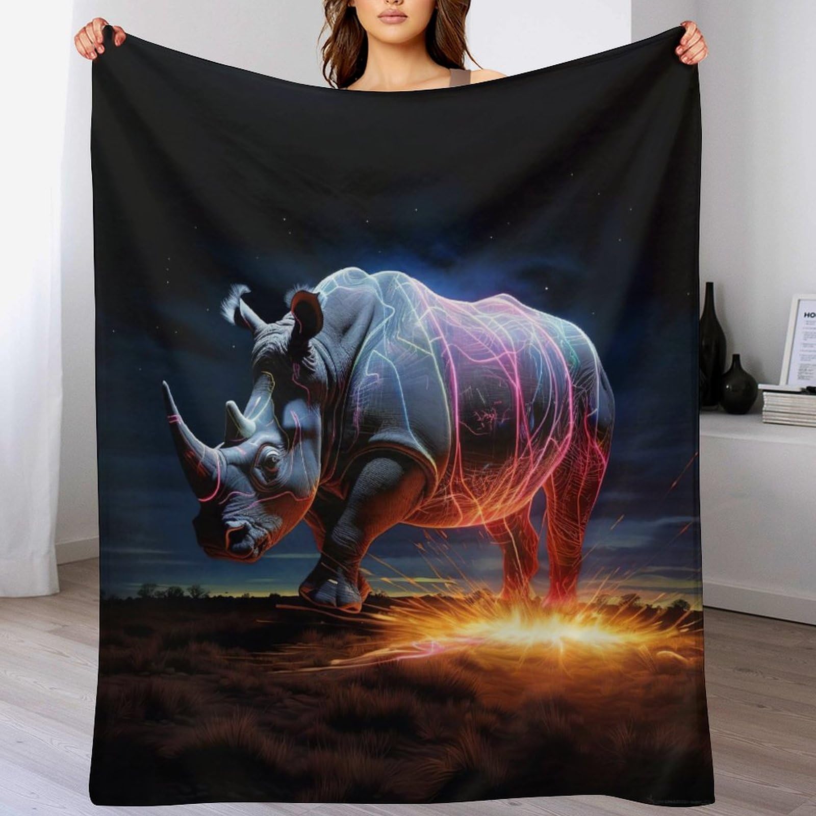 Couverture rhinocéros plaid chaud en flanelle pour éliminer les frissons sur le canapé