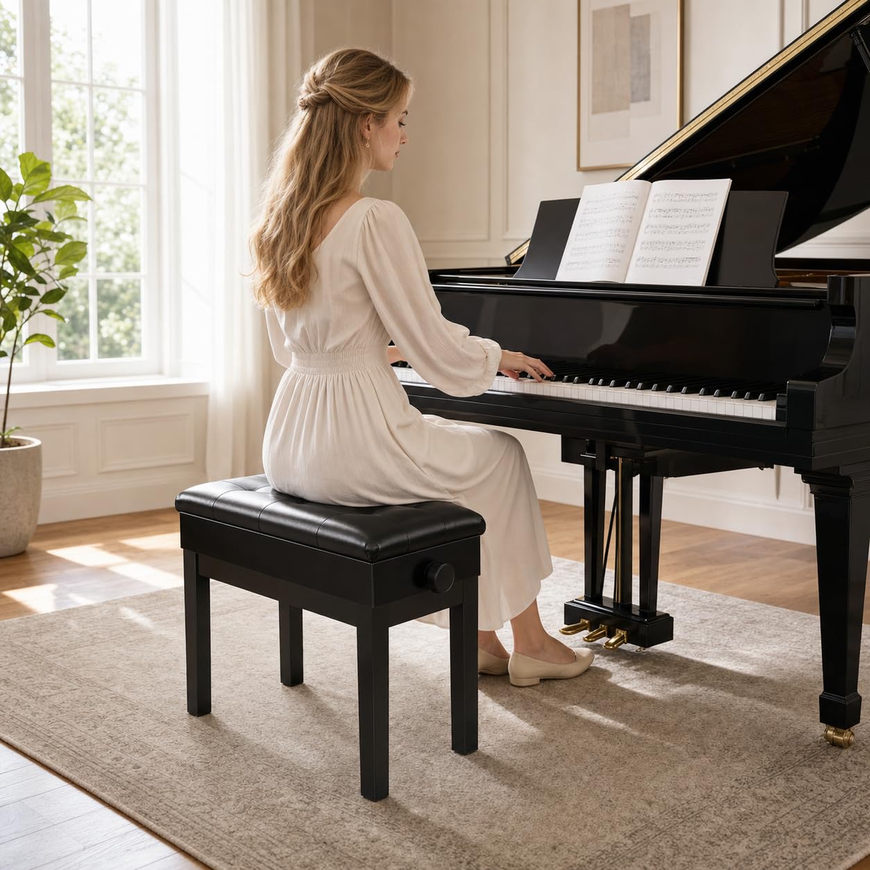MAMIZO Sgabello Pianoforte Regolabile in Altezza 48-58 CM, Panca Pianoforte | Sgabello Pianoforte con Spazio di Archiviazione, 4PCS Gambe in Legno Massello Sgabello Tastiera, Max 150KG, Nero