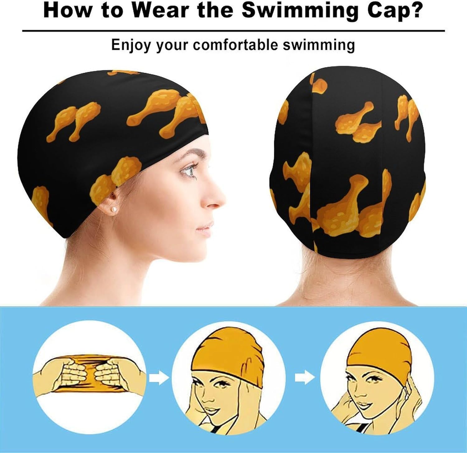 Fried Chicken Legs Womens Swim Cap for Men Adult Swimming Hat Curly Short Medium Long Hair