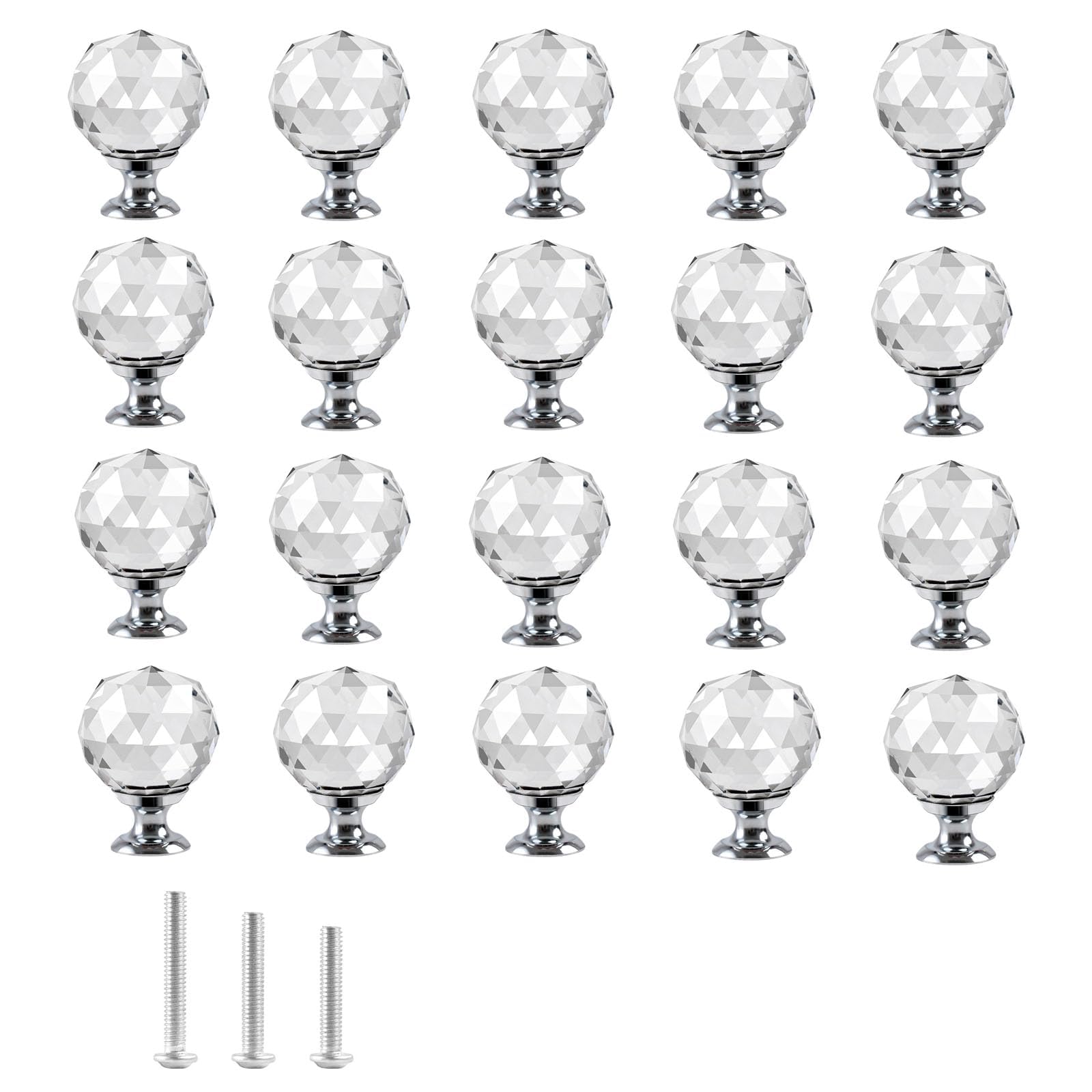 OctinPris 20x Clear Crystal Glass Door Knobs Round Diamond Wardrobe Doorknob Ball-Shape Drawer Wardrobe Pull Knob Diamond Shaped Handles for Cupboard