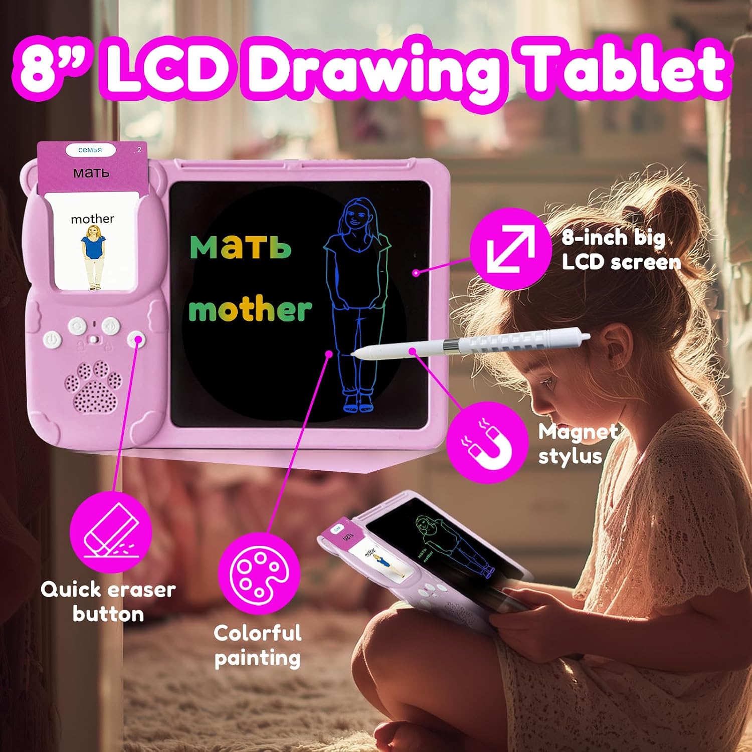Writing Tablet with Bilingual Flash Cards for Kid, Russian, Pink image 2