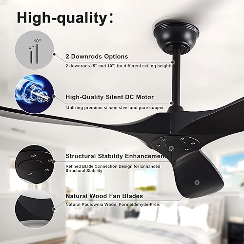 Miniatura 3 de Ventiladores de techo de 52 pulgadas sin luces, ventilador de techo de madera maciza sin luz con control remoto, inteligente y único para interiores