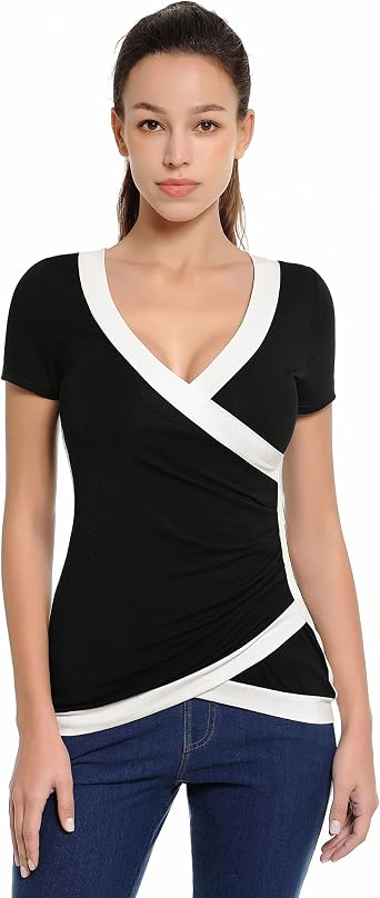 AmelieBoutik Women Color Trim V Neck Faux Wrap Pleated Detail Blouse