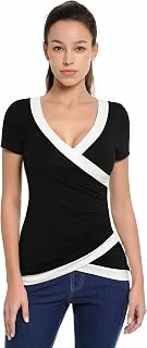 AmélieBoutik Women Color Trim V Neck Faux Wrap Pleated Detail Blouse