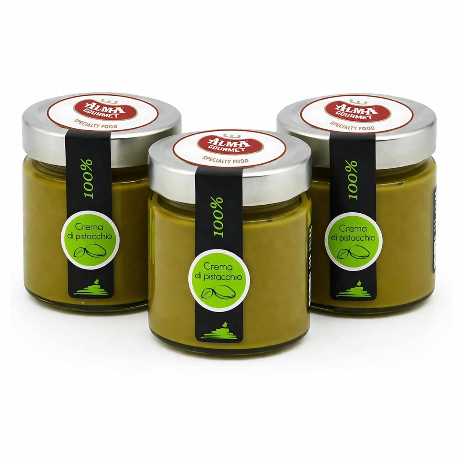 Alma Gourmet 100% Pistachio Butter Spread - Pure Pistachio Paste Cream Imported From Sicily, Italy - 100% Italian Pistachios - Only 1 Ingredient, No Additives or Preservatives - Perfect for Baking, Ice Cream & Dubai Chocolate Recipes - 6.7 oz (190g) (Pack of 3)
