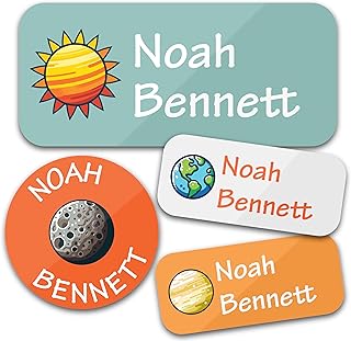 Custom Name Labels for Daycare (130 Labels) Personalized Stickers for Clothing - Waterproof Name Tags for Daycare, School and Camp (Planets)
