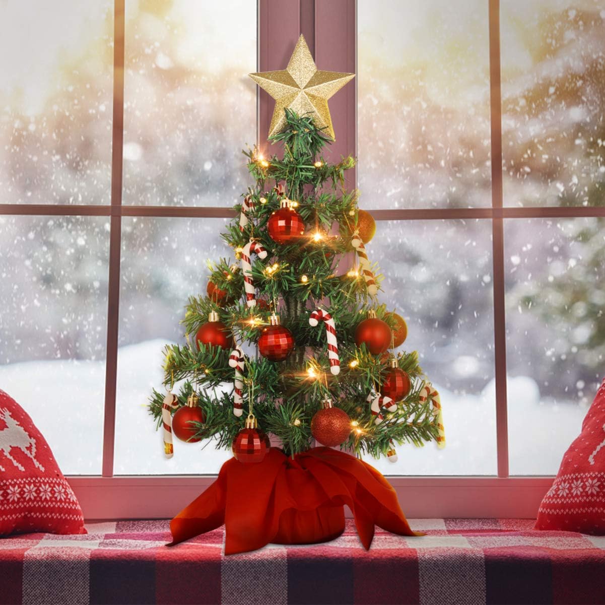 PRETYZOOM Artificial Christmas Trees, Desktop Christmas Trees with LED String Light Xmas Tree Baubles 50cm