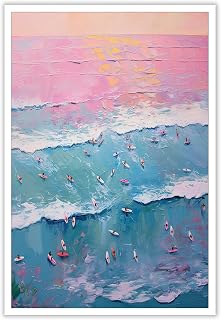 Vintage Summer Surfing Posters Blue Pink Scenery By The Sea Canvas Wall Art Aerial Photography Beach Aerial View Surfing Prints Painting For Home Bedroom Dorm Wall Decor 16x24in Unframed