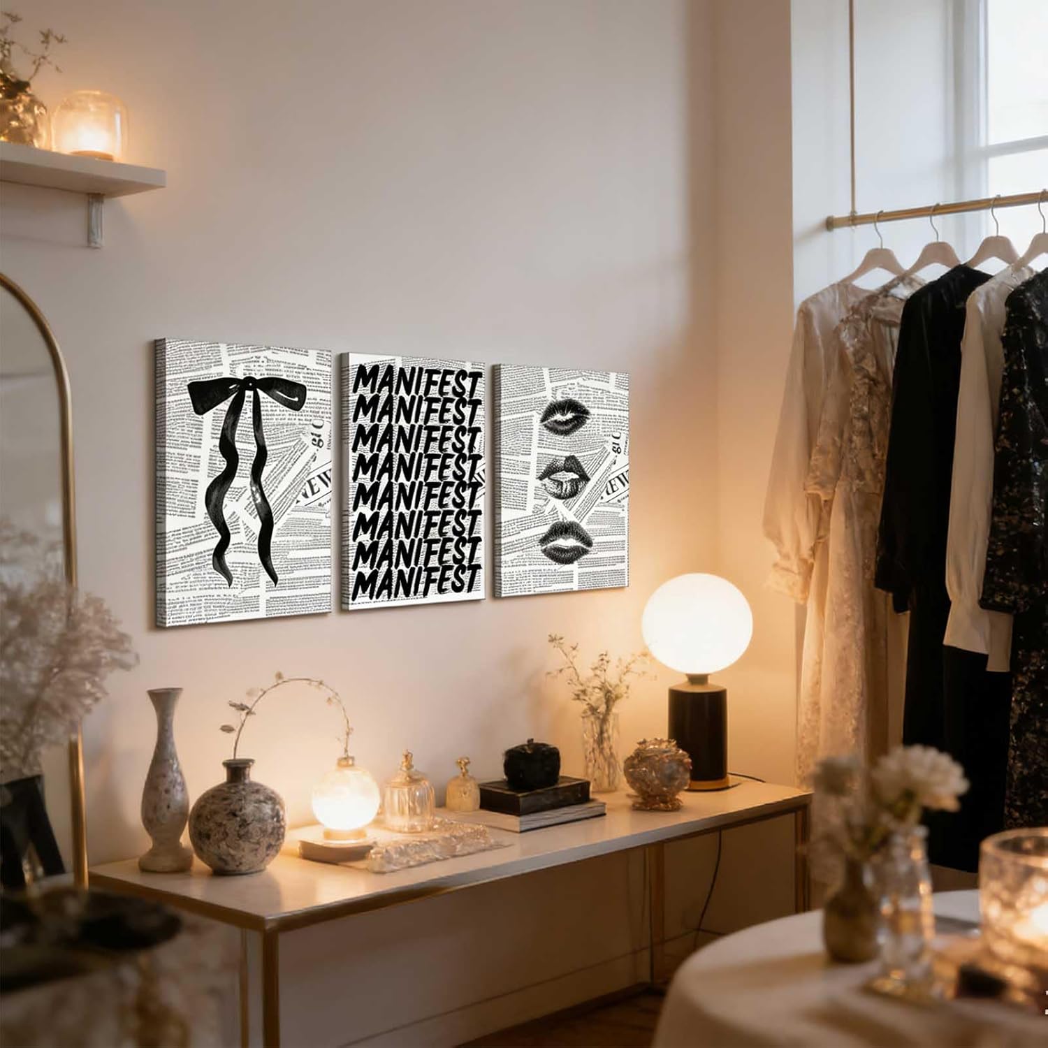 3Pcs Trendy Black and White Preppy Canvas Wall Art Retro Kiss Lips Bow and Manifest Pictures Wall Decor Funky Aesthetic Dark Coquette Posters Prints for Girly Apartment Dorm 16x24in