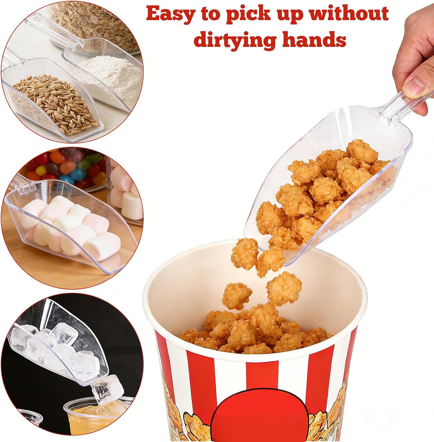 3Pcs Clear Plastic Ice Scoop for Freezer, Candy Scoops for Candy Buffet, Flour Cookie Popcorn Dry Goods Scoop, 7.5In (Clear)