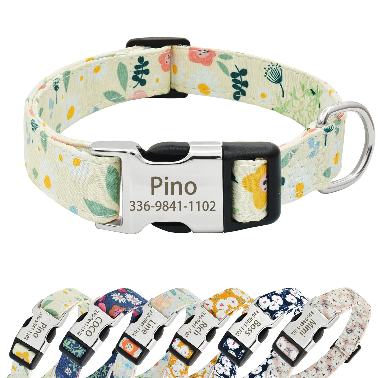 Senristar Personalised Floral Dog Collars with Name, Custom Flower Print Dog Collars with Engraved Buckle for Small Medium Large Dogs (M(Width:3/4'' Neck:12.0-18.0''),White Floral)