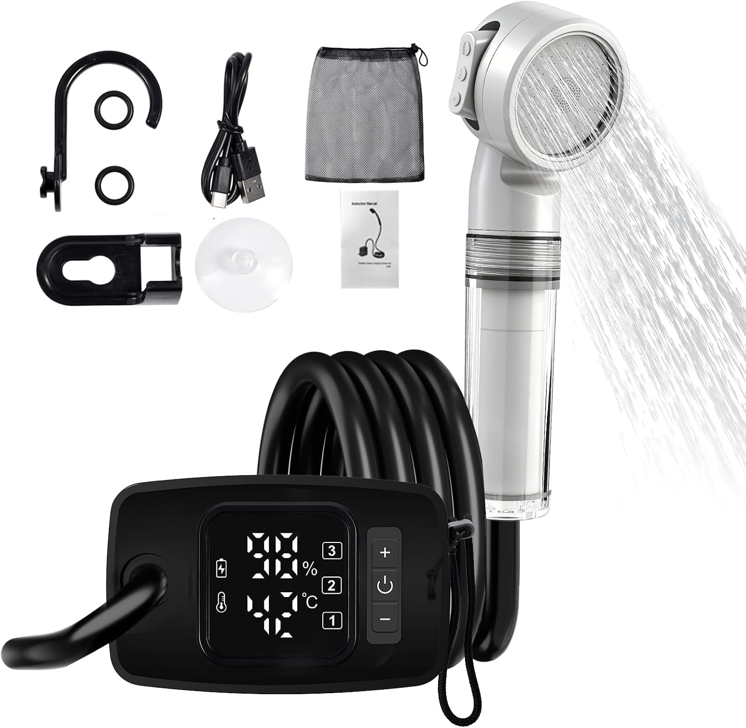 portable outdoor shower,8000mAh battery,digital display of battery level and temperature, IPX8 waterproof&USB charging,camping shower pump set,suitable for hiking/backpacking,travel,beach,pets,