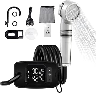 portable outdoor shower,8000mAh battery,digital display of battery level and temperature, IPX8 waterproof&USB charging,camping shower pump set,suitable for hiking/backpacking,travel,beach,pets,
