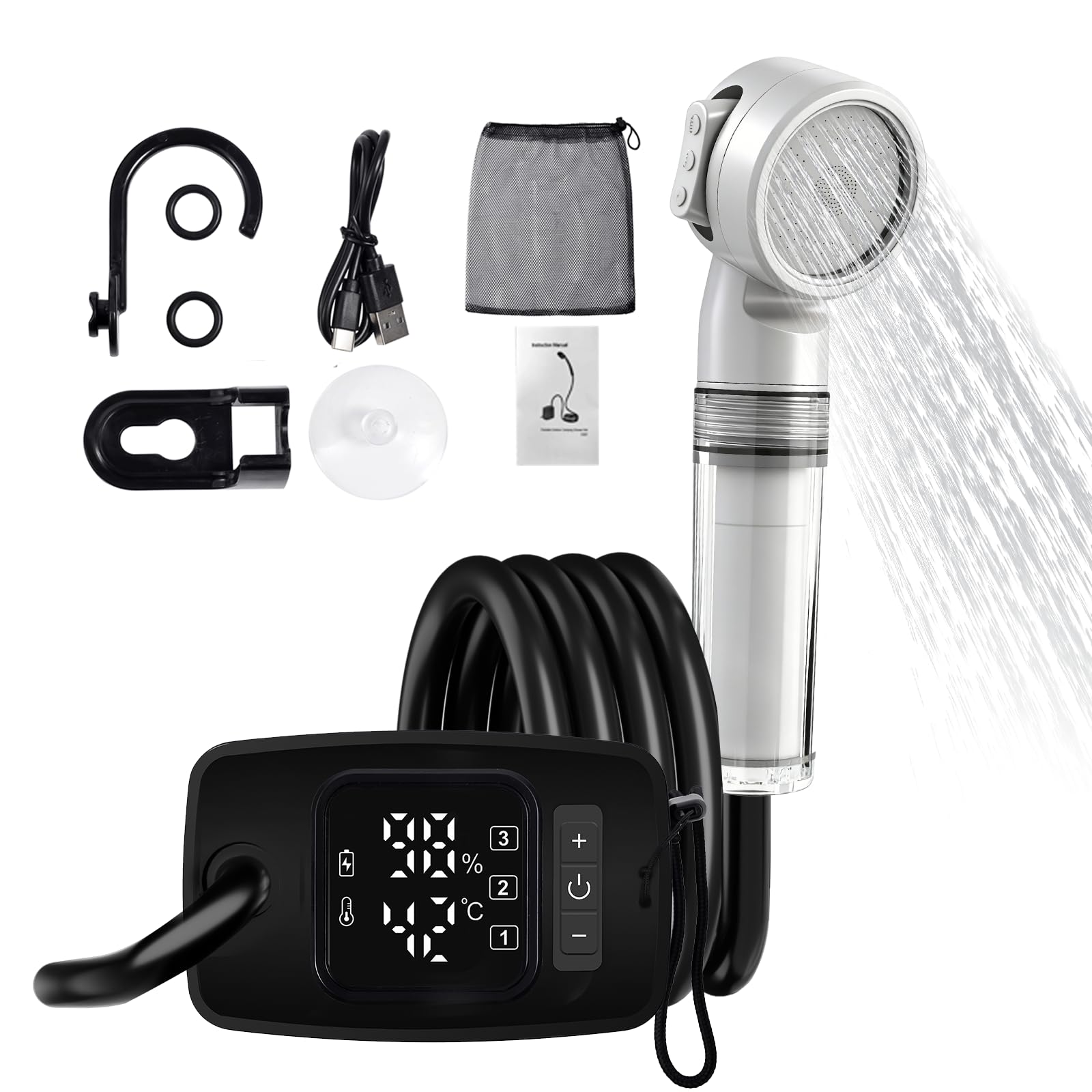 Ducha portátil al aire libre,con Pantalla LED digital de temperatura y corriente, batería 8000mah,ipx8 impermeable y carga usb,adecuada para senderismo/camping,playa,mascotas, al aire libre