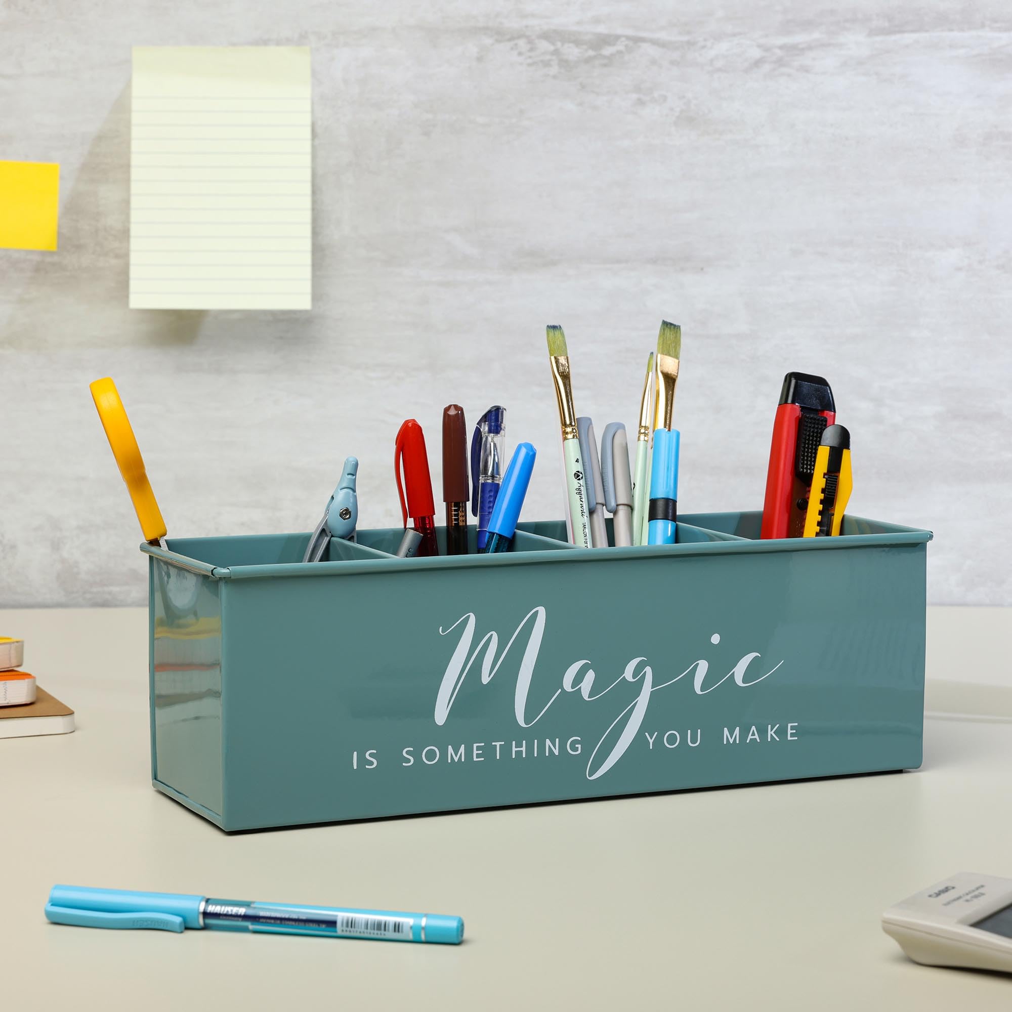 anantam homes Organizer na biurko z 4 przegródkami na stół biurowy, stylowy metalowy organizer na biurko, stacjonarne przechowywanie, piórnik do biura, domu i stołu do nauki (magiczny) zielony