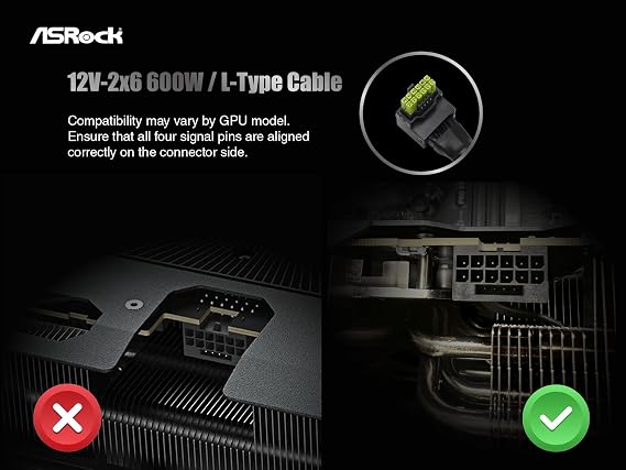ASRock 12V-2x6 600W Power Cable | ATX 3.1 & PCIe 5.1 Compliant | L-Shaped GPU Connector | 16AWG HCS Terminals | for 750W+ ASRock Taichi/Phantom Gaming PSUs