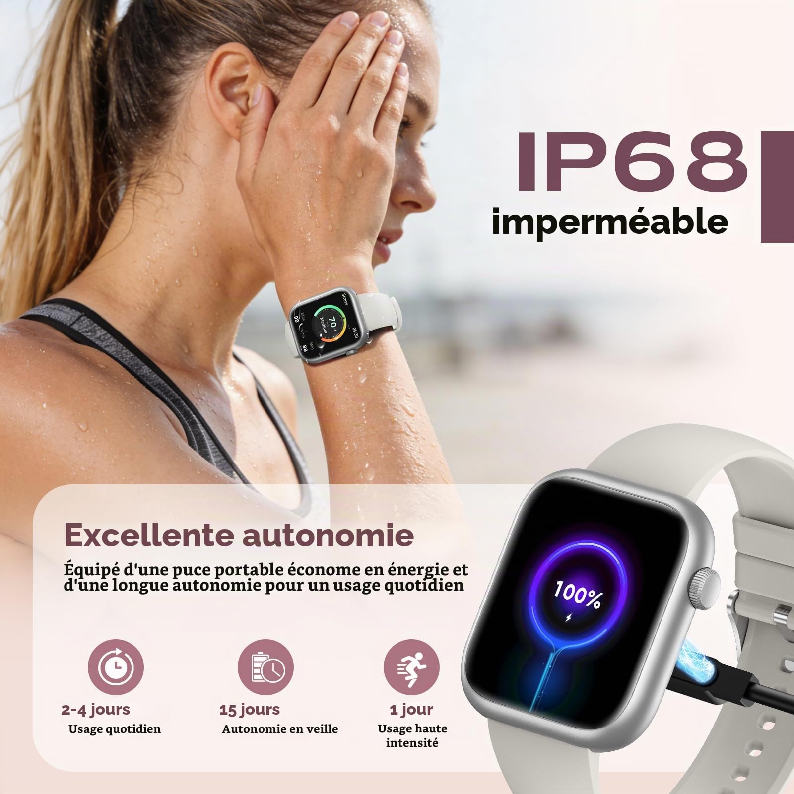 SLOKSFil Montre Connectée Femme, 1.85" Smartwatch avec Cadran IA, Cardio 24H Cardio & Pression, SpO2, IA Q&A, Sommeil, 110+ Sports, Fitness Tracker Podomètre pour iOS Android (Argent Starlight)