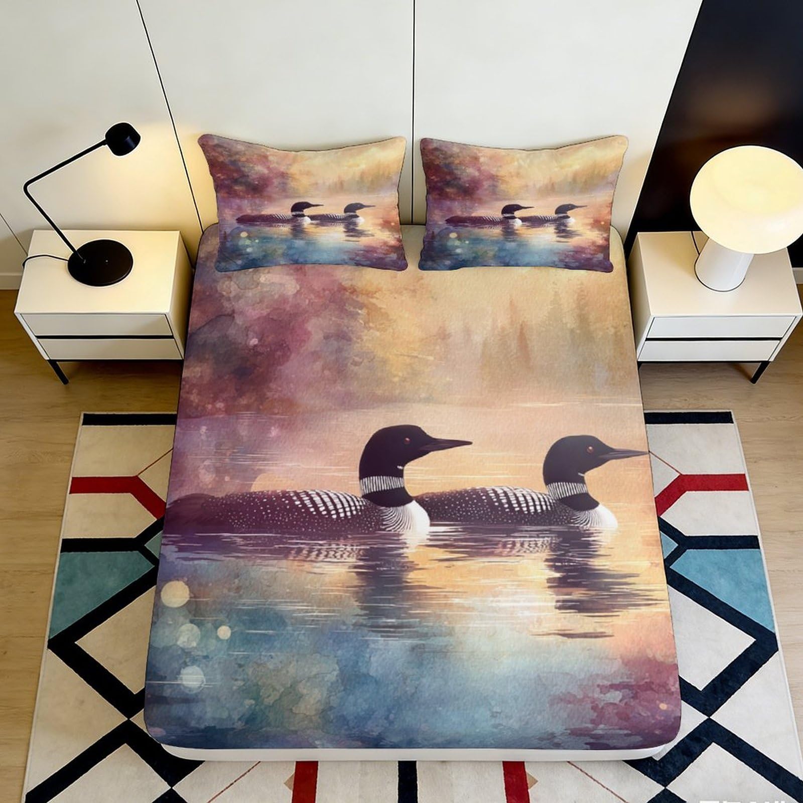 3D Printed Loon Bird Fitted Sheet Microfiber Soft Breathable Lake Scene Bed Cover for Bedroom Dormitory Guest Room Mattress Protection Decor 90x200x25cm
