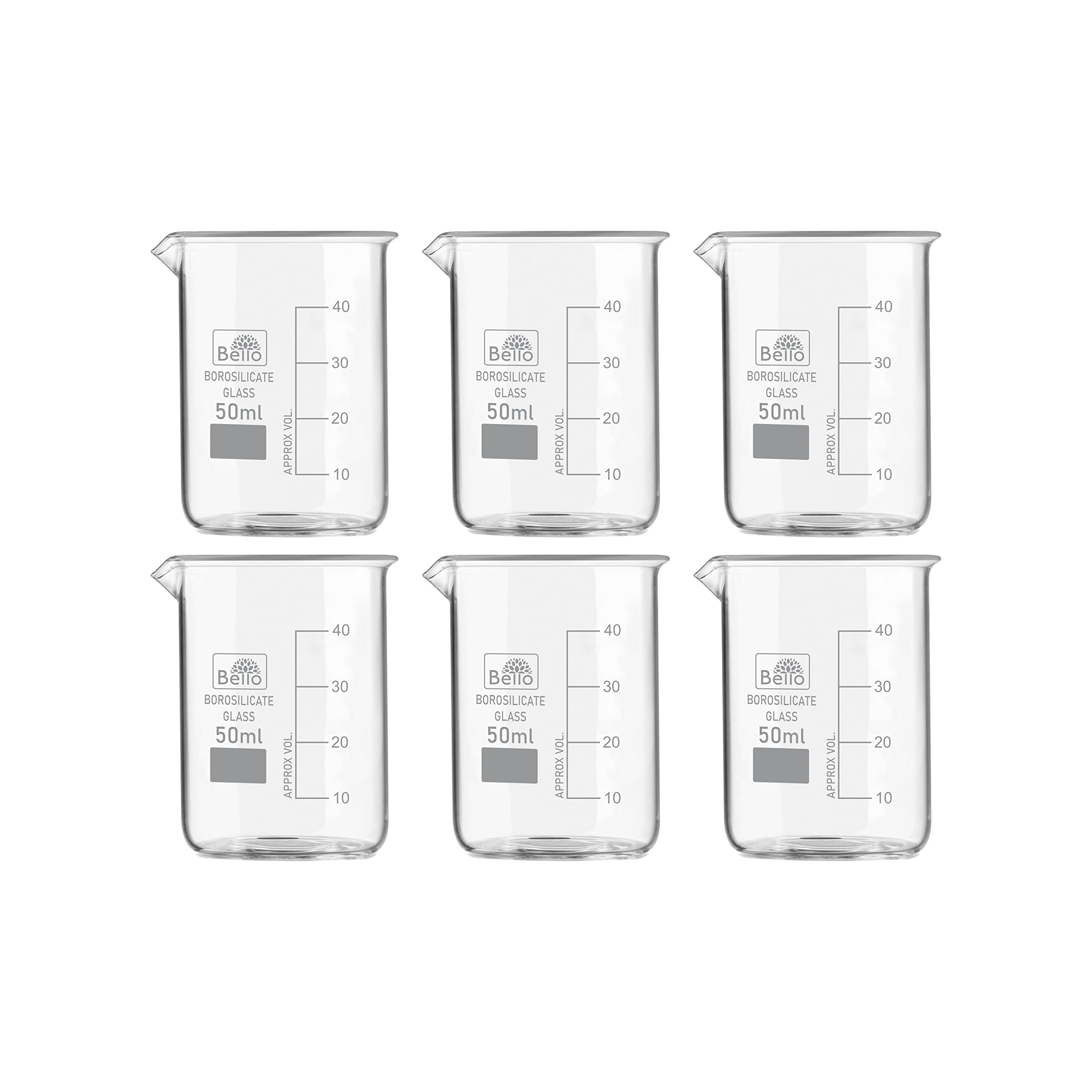 Bello Borosilicate 3.3 Glass Beakers with Graduation Marks - 50ml, Pack of 6 for school collage chemistry lab laboratory