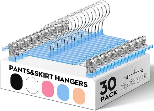 HUADYMEET 30 Pack 14Inch Pants Hangers with Clips,Metal Trouser Hanger for Jeans.Space Saving Skirt Hangers Heavy Duty Non-Slip Adjustable Clothes Shorts Hanger for Women,Men,Sky Blue