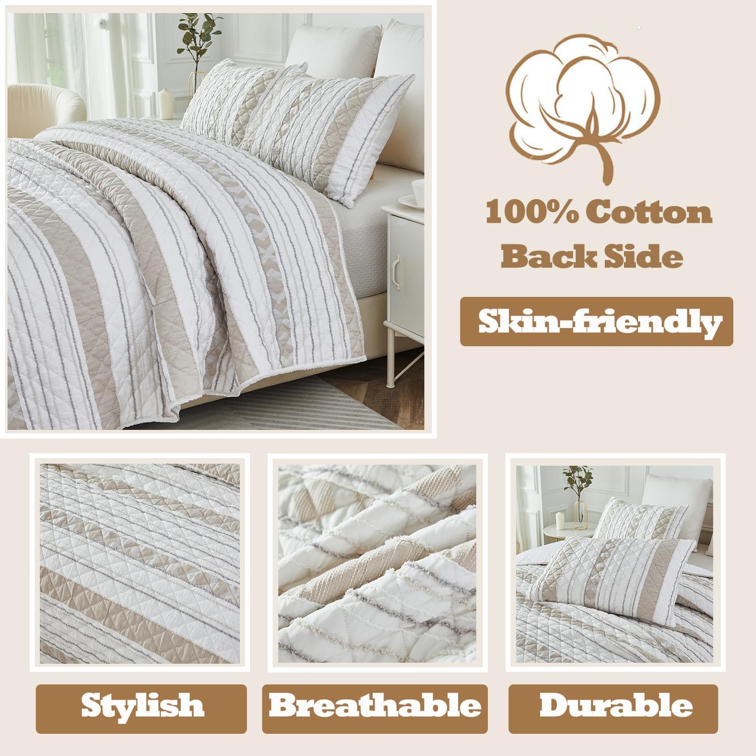 Brandream Twin Size Quilt Set 2-Piece Modern Farmhouse Waffle Quilts Striped Patchwork Quilts 2-Piece