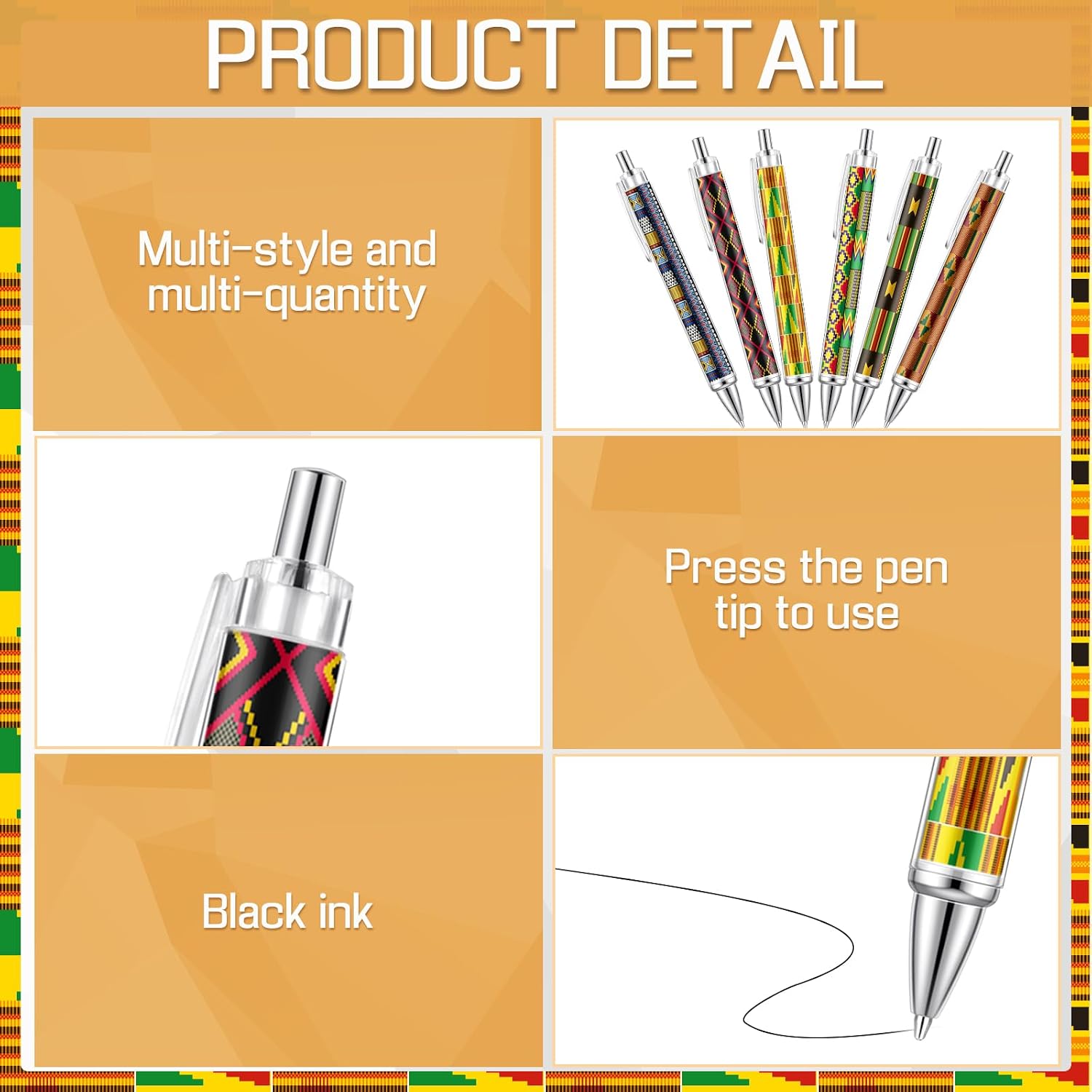 Eersida 36 Pcs African Kente Print Ballpoint Pens Juneteenth Fist Freedom Day Gifts Kente Retractable Ball Pens for Office Classroom Black History Month Party Favors image 3