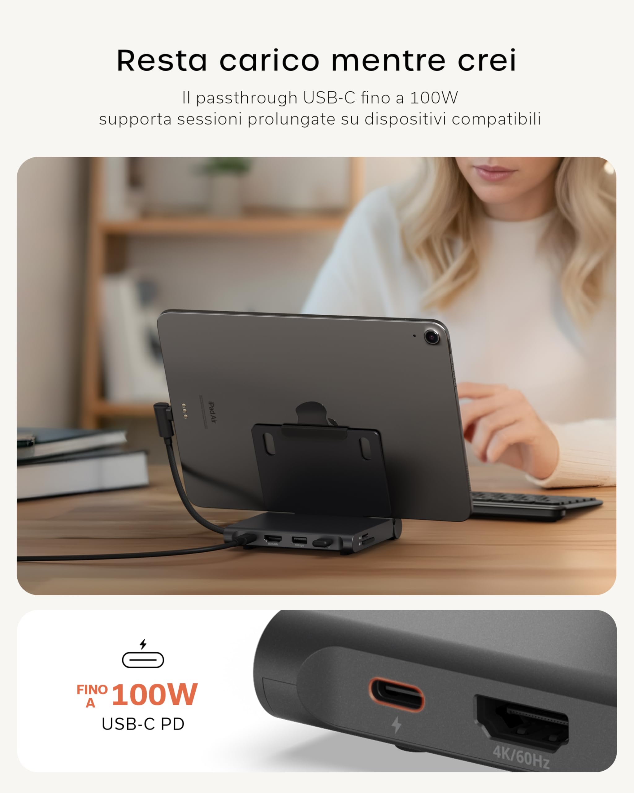 SATECHI OntheGo Hub USB C 7 in 1 e Supporto Pieghevole, HDMI 4K, Nero | HDMI 4K@60Hz, 100W, ricarica sicura, per tablet, laptop e smartphone fino a 13"