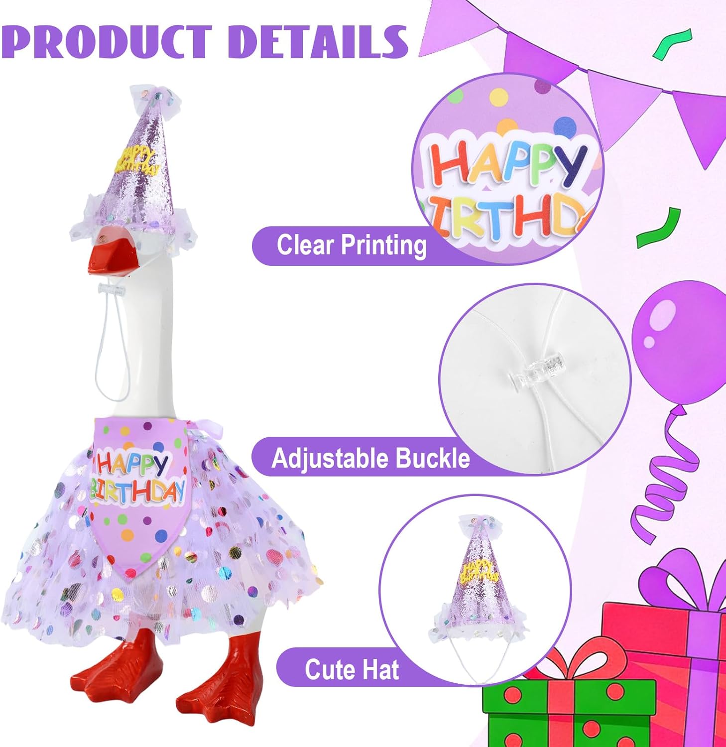 Porch Goose Birthday Outfit, Cute Birthday Goose Costume Hat & Tutu Skirt & Bandana for 23" 17" Cement Geese Funny Clothes for Outdoor Patio Yard Lawn Decoration (Purple) - Image 3