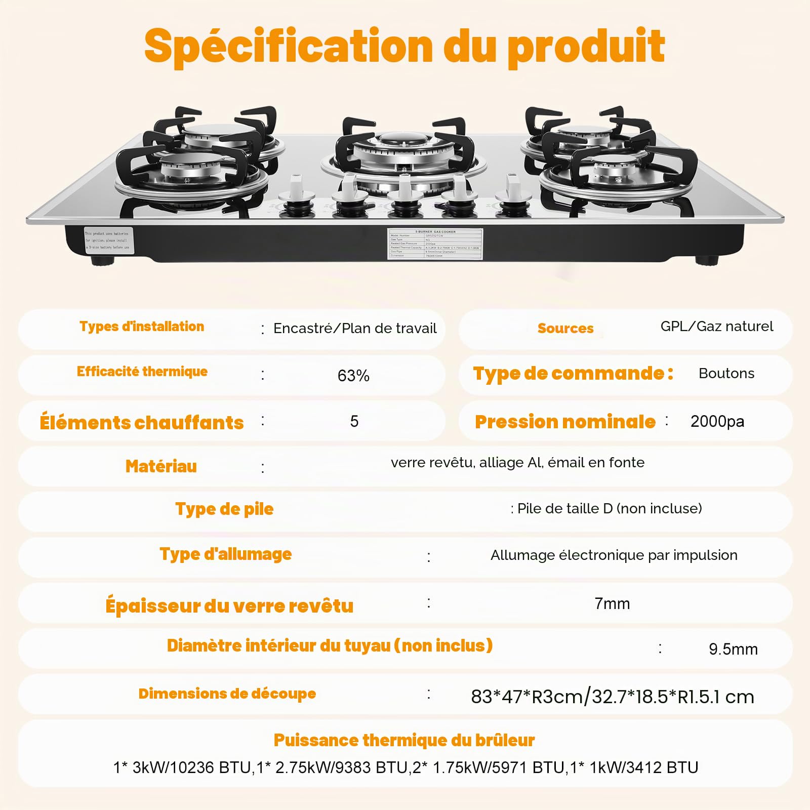 Plaque de cuisson à gaz 5 foyers avec surface en verre, plaque de cuisson à gaz en verre 5 zones - Pour gaz naturel ou GPL, 63% d'efficacité thermique, encastrable ou indépendante