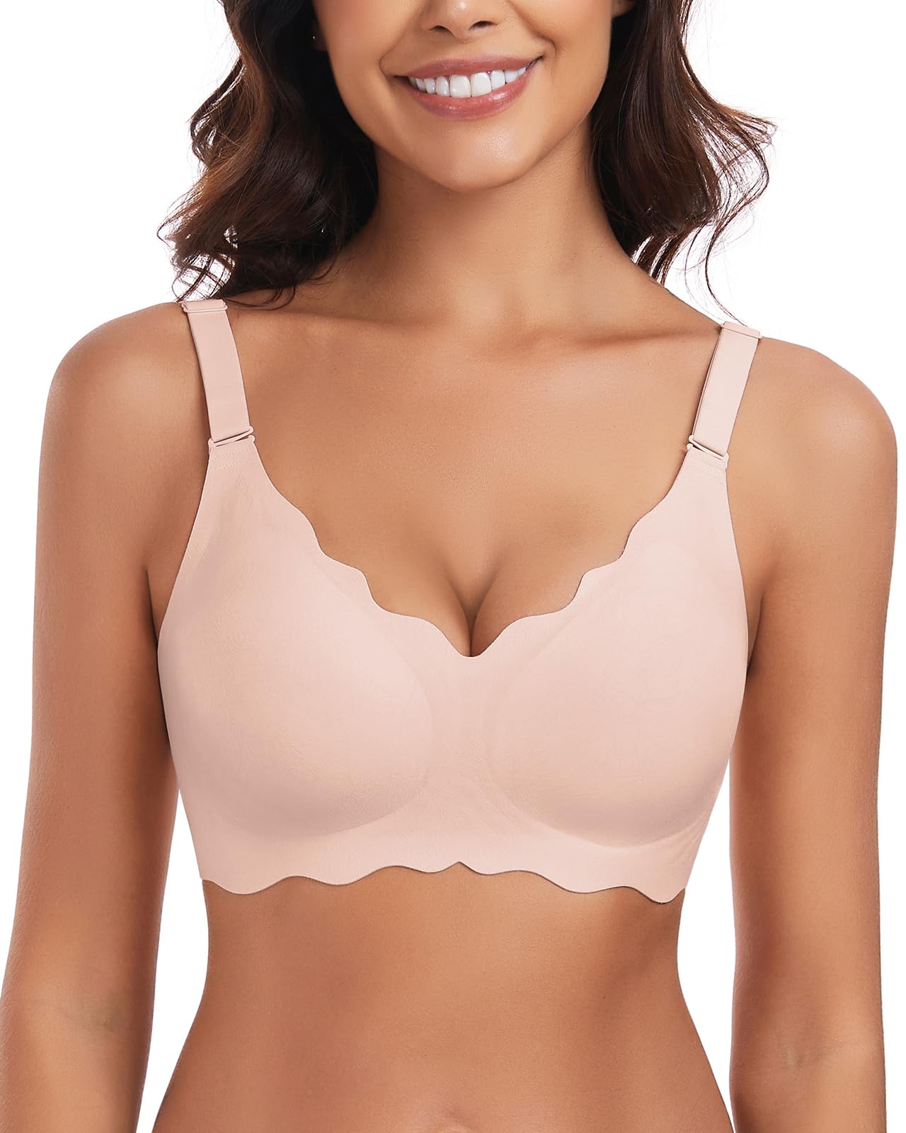 WOWENYNon Wired Padded Bras for Women with Support Wavy V Neck Seamless Tshirt Bra Floral Print Bralettes Soft Comfy Bustier