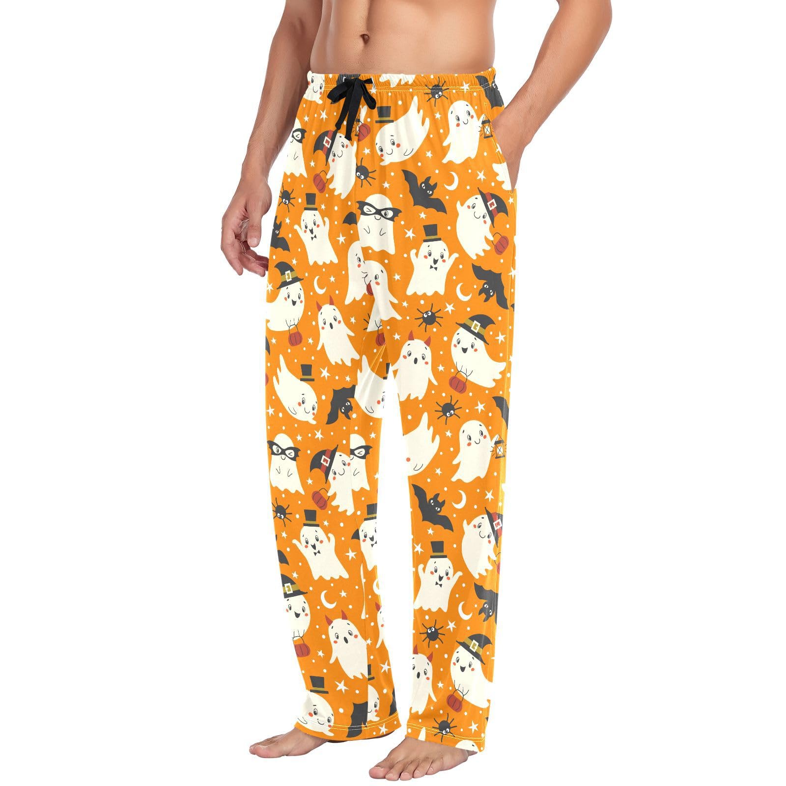 Pyjamahose für Herren, Halloween, Geist, Fledermaus, Spinnen, Herren-Schlafhose, 100 % Baumwolle, gerade Passform, Pyjamahose mit Taschen, Kordelzug, Größe L, mehrfarbig, L