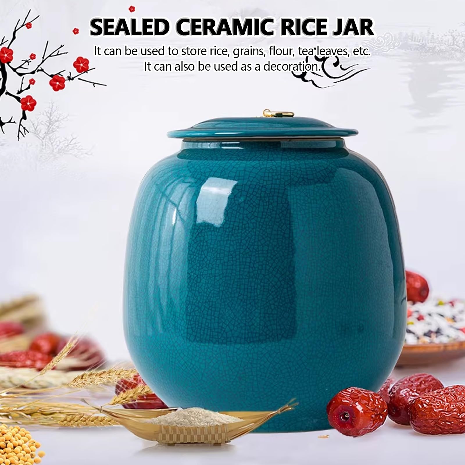 Contenitore ermetico in ceramica per riso, con coperchio, Dispenser per cereali e riso, Barattolo per alimenti di grande capacità, Contenitore per la cucina, Ideale per farina, zucchero.(10KG)