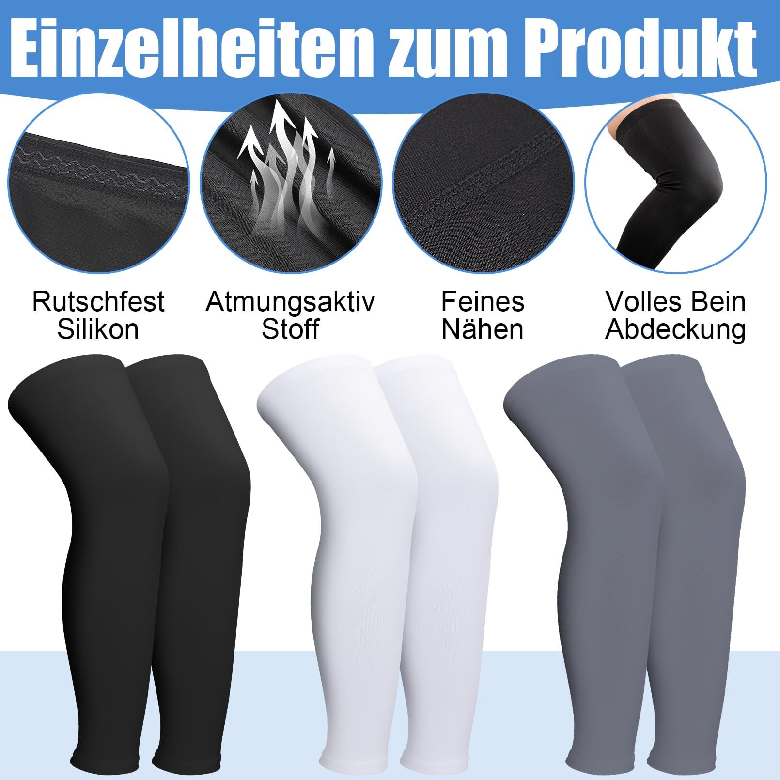 Lot de 3 paires de manchettes de compression - Protection solaire UV - Longues manchettes de compression pour cyclisme, course, basketball, hommes et femmes (noir, blanc, gris), Blanc, noir,