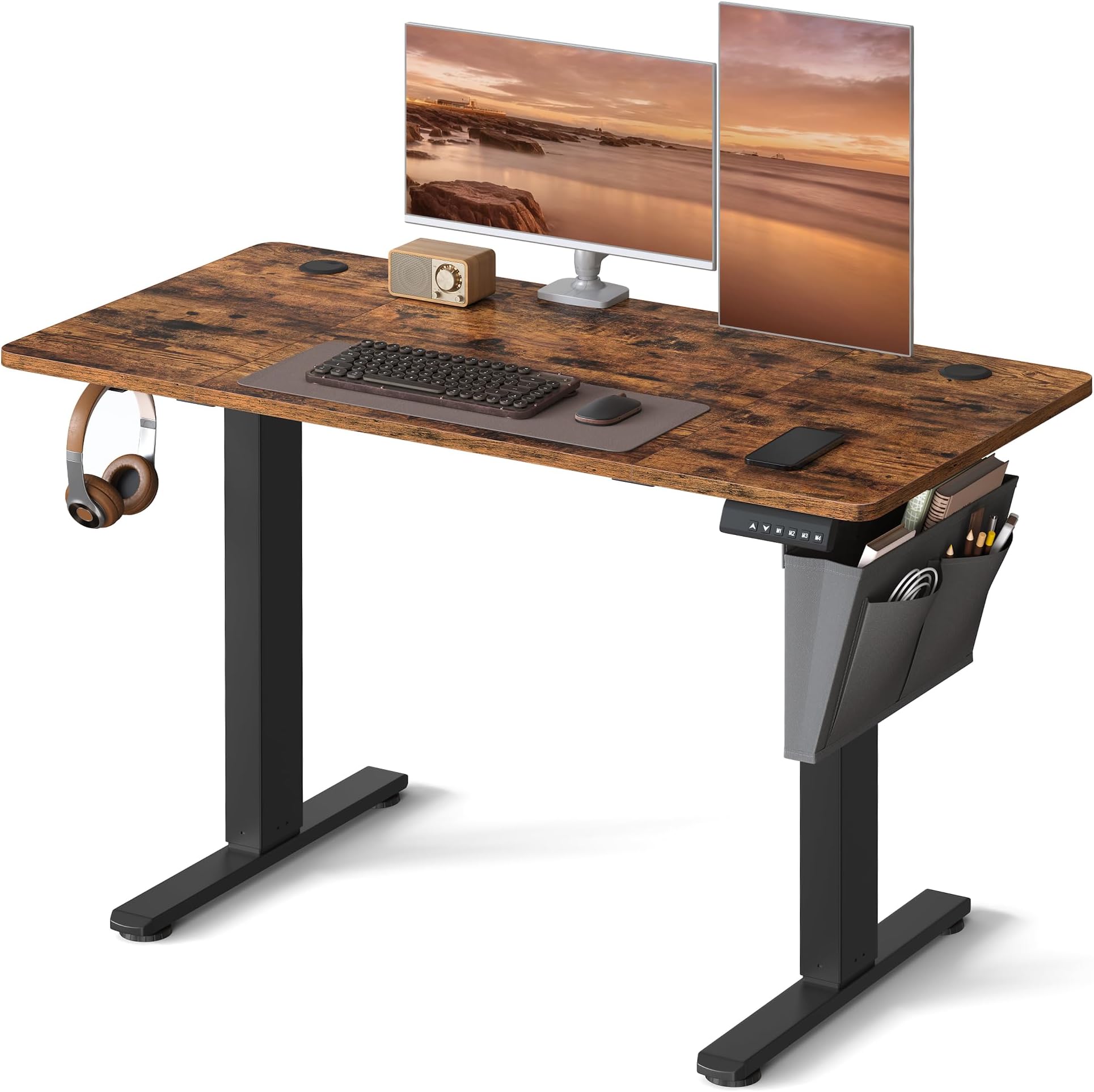 VASAGLE Electric Standing Desk, Height Adjustable Desk, 60 x 120 x (72-120) cm, 4 Memory Heights, Storage Pocket, for Home Office, Study, Rustic Brown and Ink Black LSD132K02