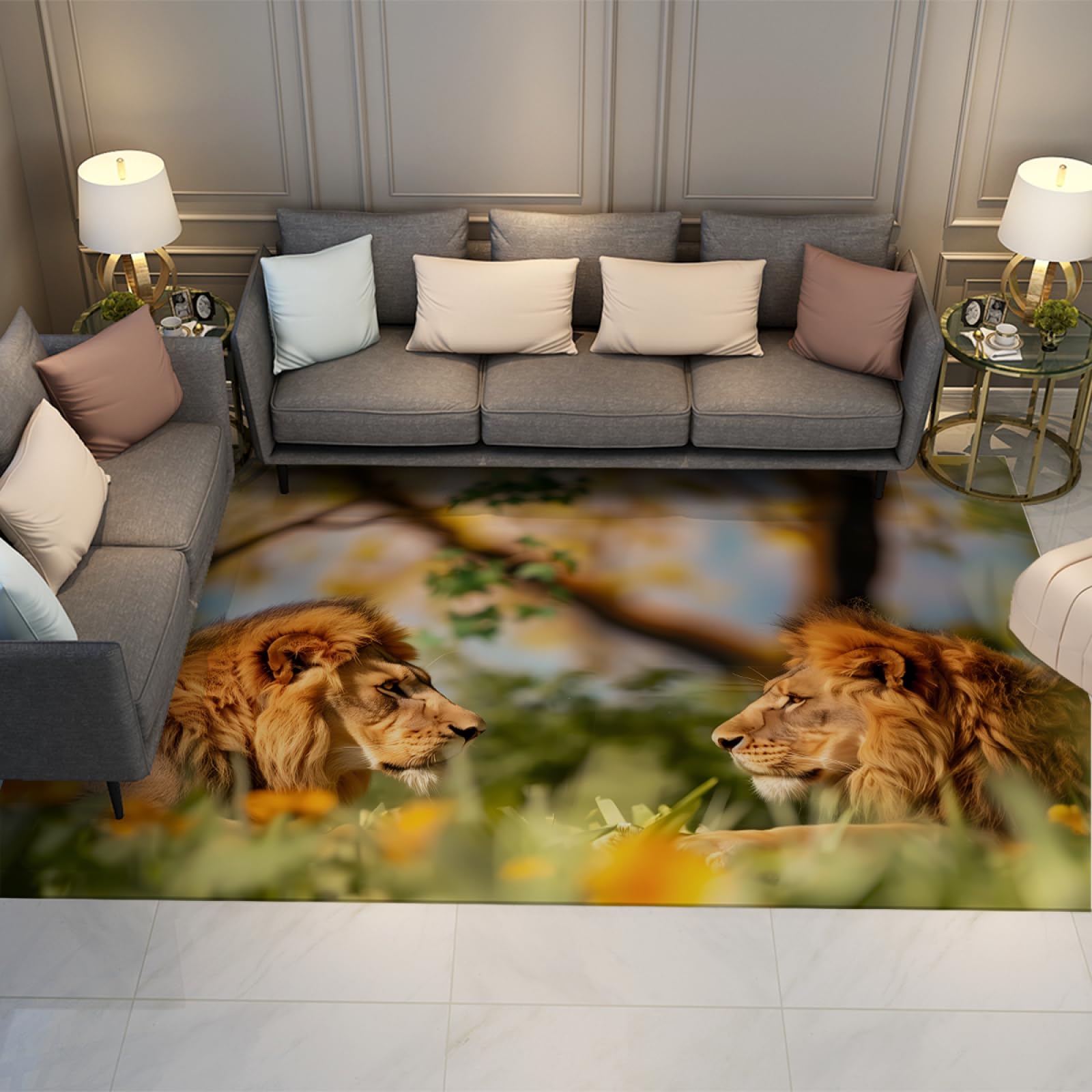 Tapis jungle tropicale séchage rapide et poils ras lavable au motif lions d'Afrique