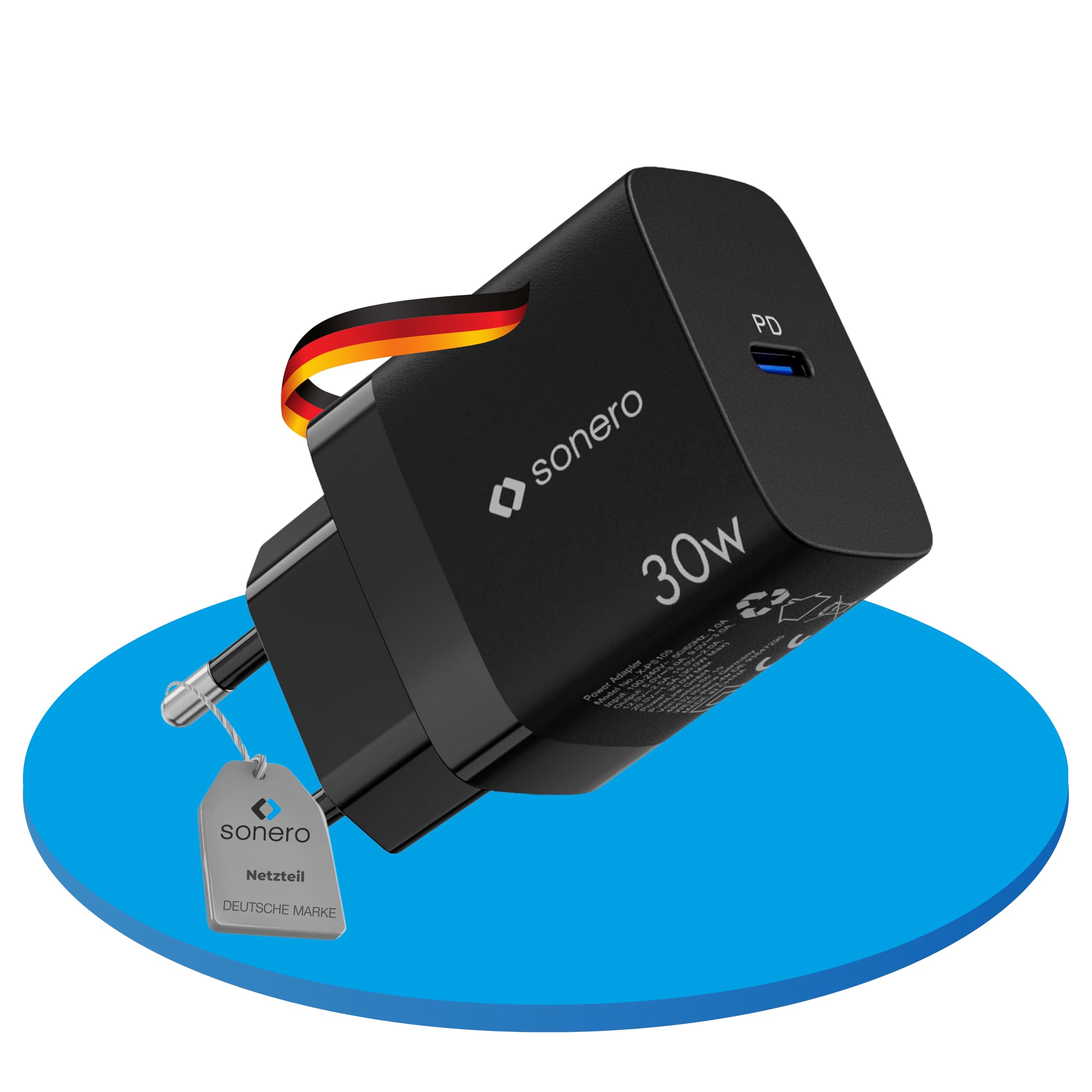 Sonero USB C Ladegerät 30 Watt kompatibel mit iPhone 15, Samsung, Tablets und Laptops, schnelles Ladegeschwindigkeits-Ad