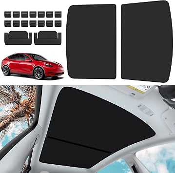 Non-Sag Roof Sunshades for Tesla Model Y 2025, Upgraded Foldable Sunroof Shade Sunshade Roof Sun Shade for Tesla Model Y Accessories 2021-2025 Not fit 2025-2026 Juniper