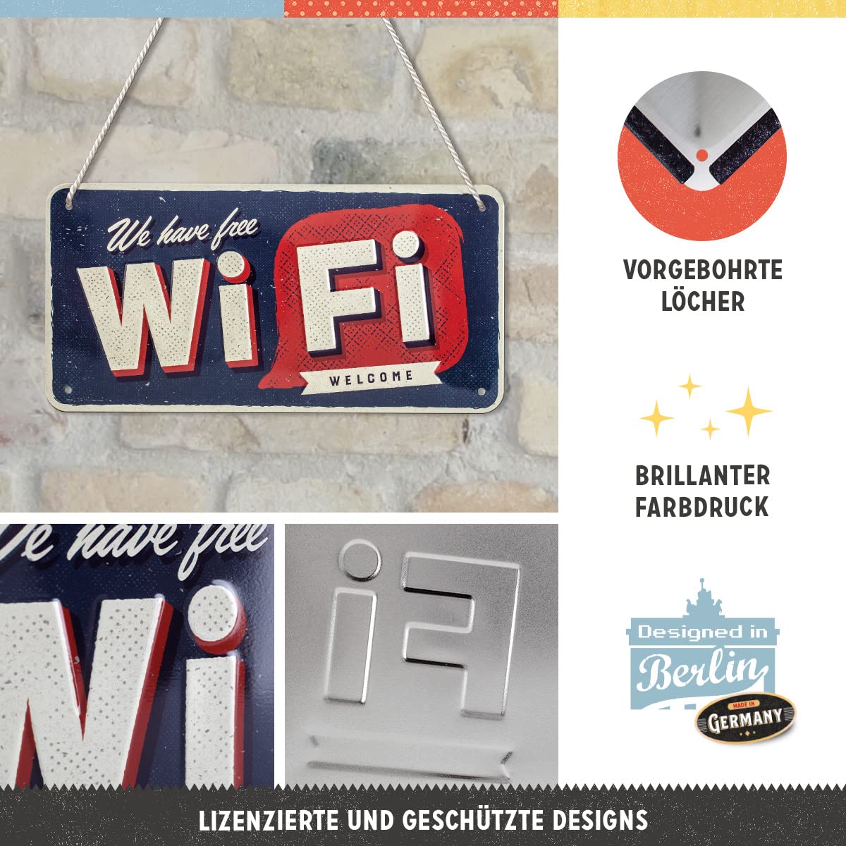 Nostalgic-Art Targa In Metallo "Free Wi-Fi" - Cartello Vintage 10x20 Cm Con Cordicina - Decorazione Da Parete O Porta