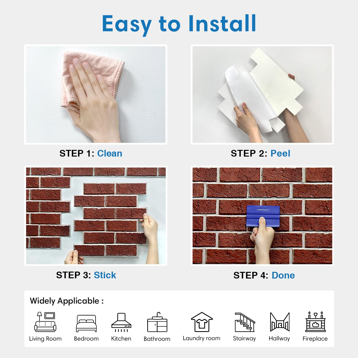 COMSTICKC Samoprzylepne panele ścienne 3D imitujące cegłę, naklejki ścienne 3D z efektem cegły – zestaw 10 sztuk (30 x 30 cm), okładzina ścienna z PVC, tapeta ceglana do dekoracji wnętrz, Czerwony
