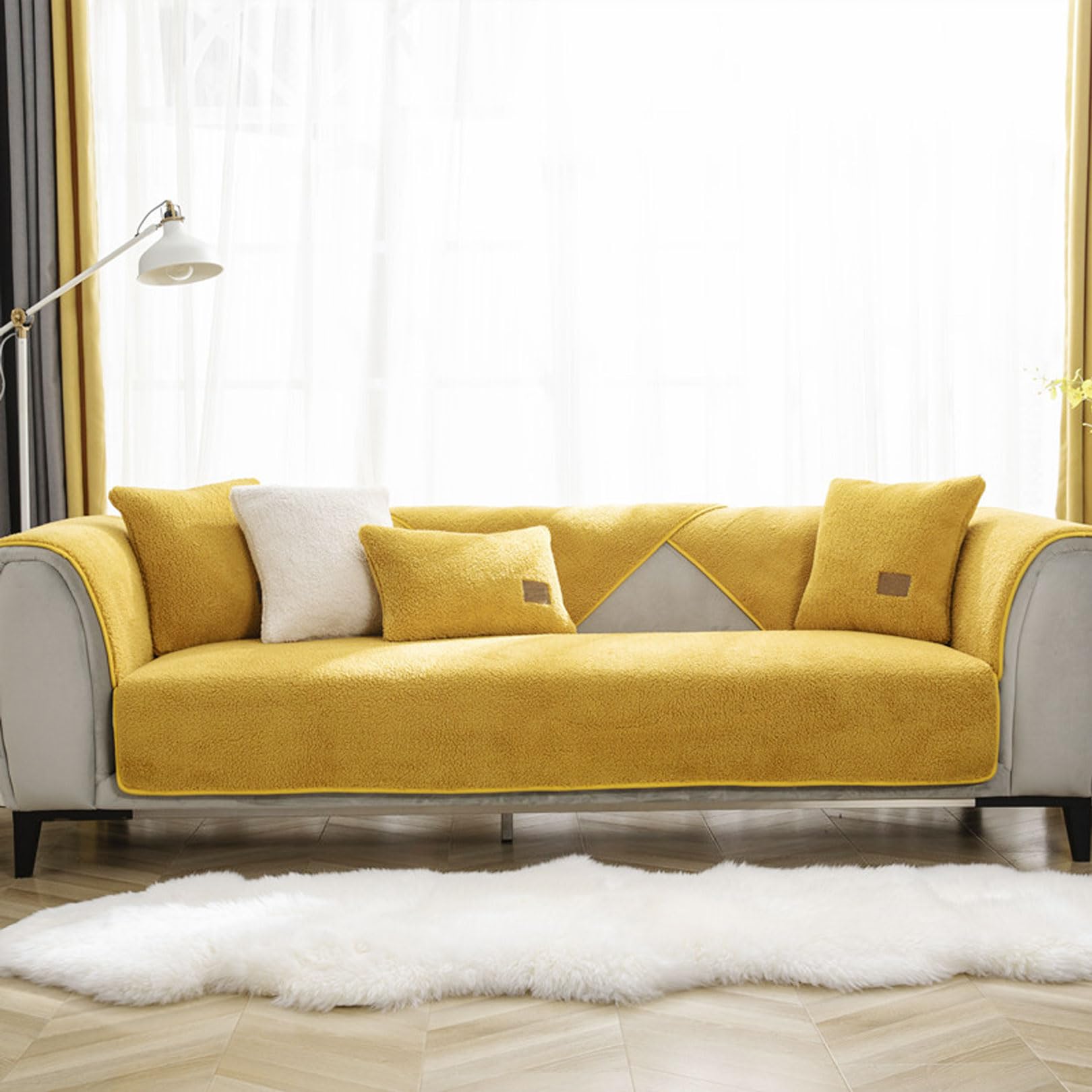 Hsivtns Plush Sofa Cover 1 2 3 Seater, Soft Warm Sofa Slipcover Non-Slip Couch Covers 3 Seater Washable Sofa Protector for Kids/Pets Couch Cover,Yellow,70x120cm