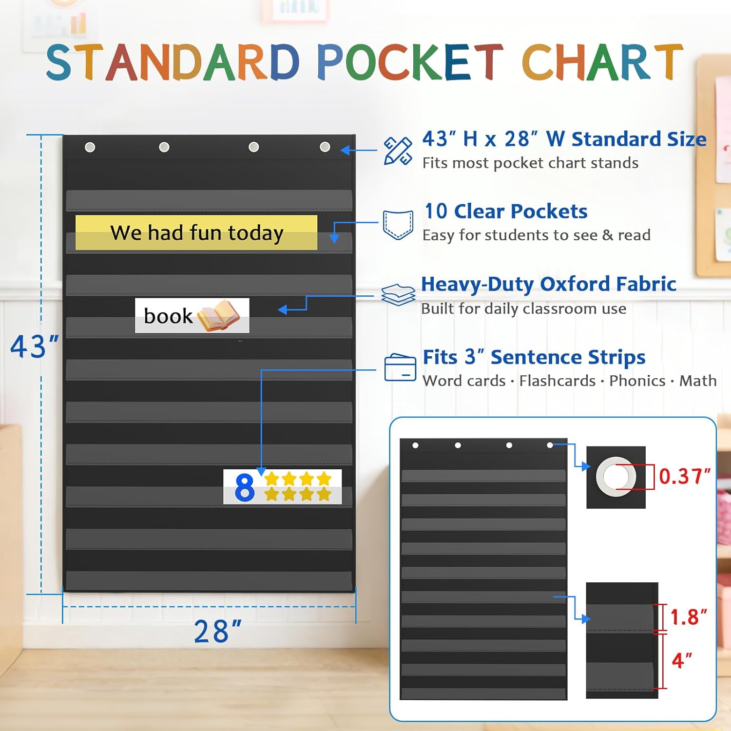 Pocket Chart Stand with Standard Pocket Chart, Height Adjustable Tripod Anchor Holder up to 62.99", 4 Anti-Drop S-Hooks, Teacher Supply Tray for Classroom & Homeschool