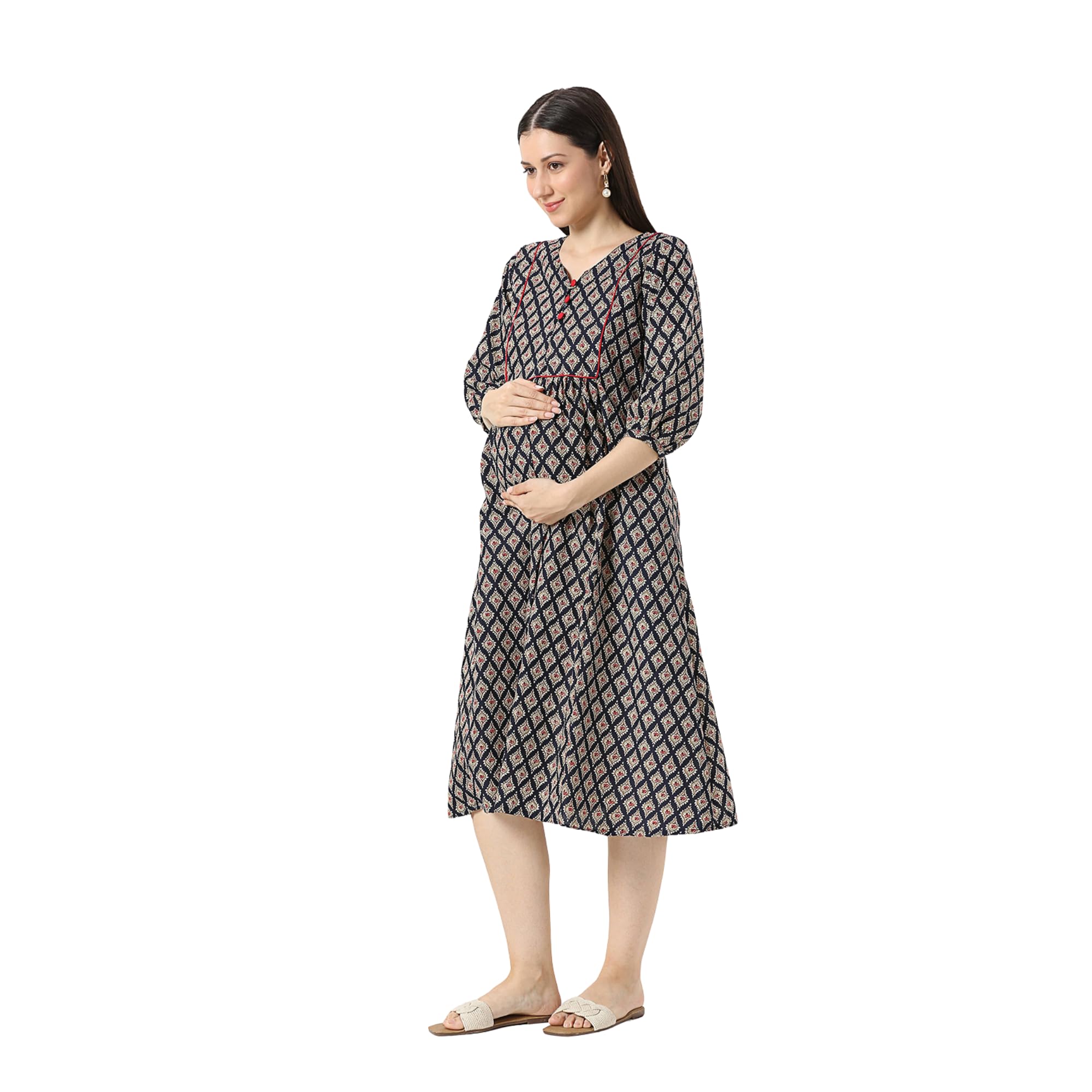Navy Blue Cotton Maternity Dress-picture-54