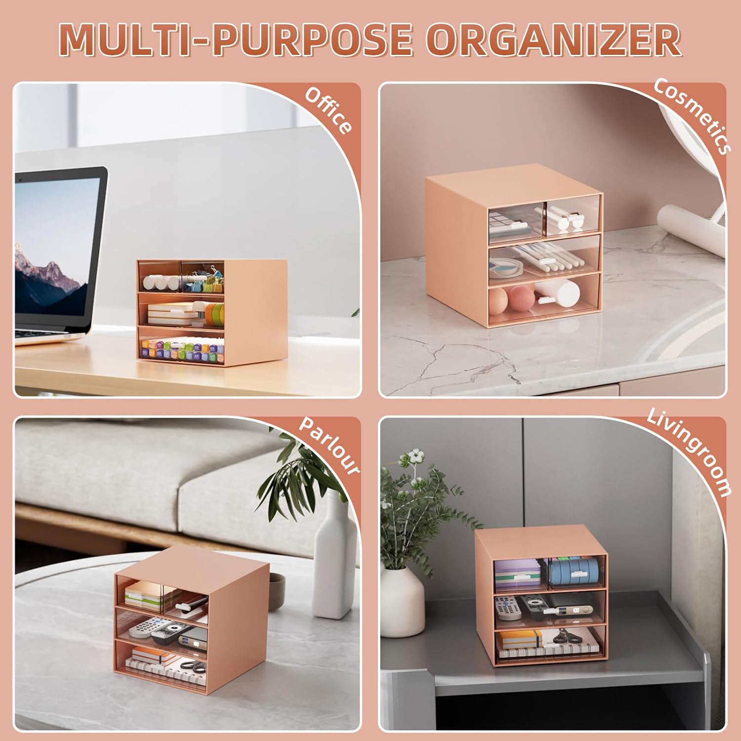 Marbrasse Desk Organizer with 4 DrawersOffice Organization, Clear Plastic Desk Organizers and Storage,Desk Organization, Desktop Organizer for