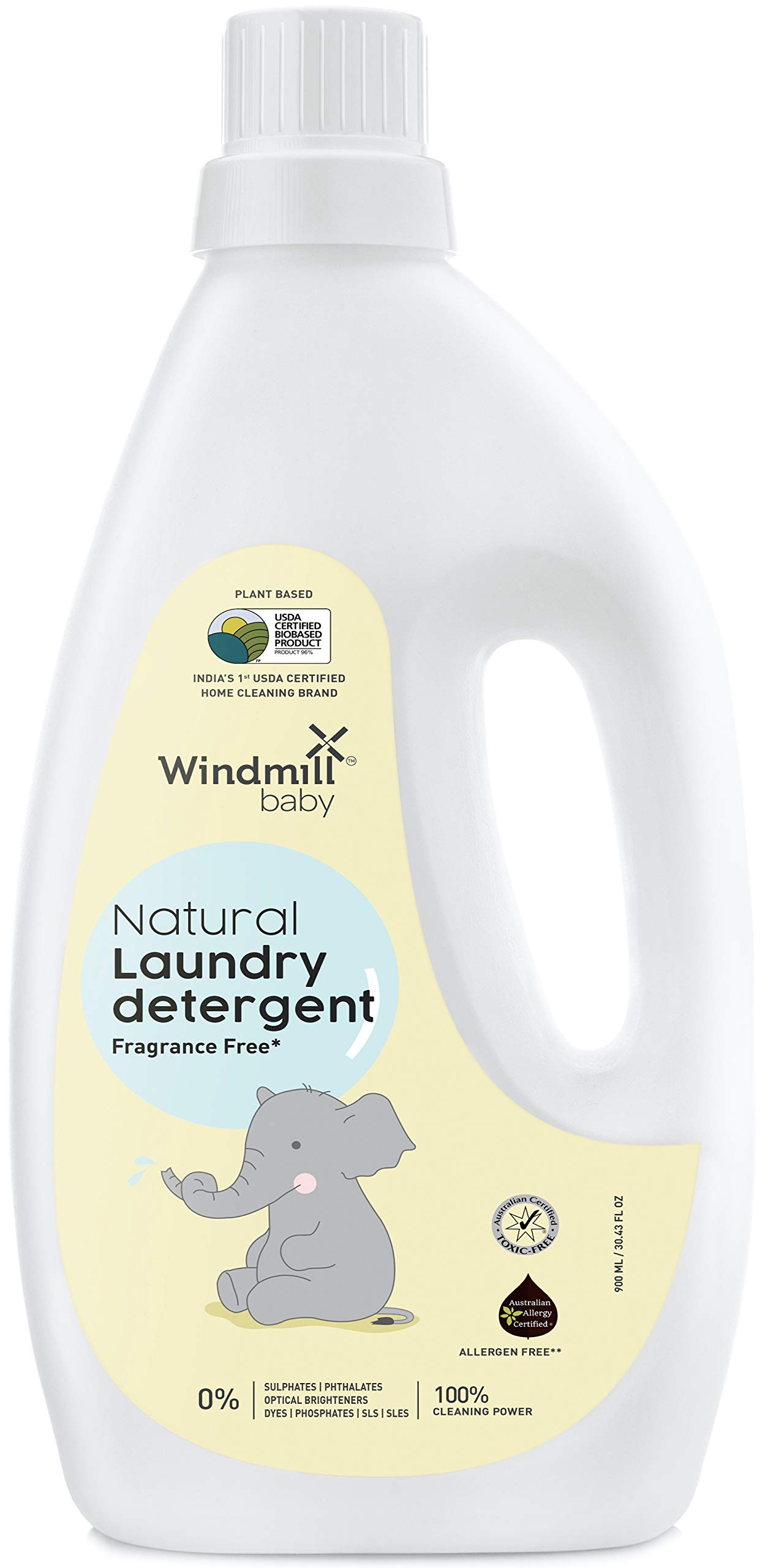Windmill baby Natural Fragrance Free Laundry Detergent Liquid, USDA Certified, Allergen Free, Plant Based with Bio-Enzymes - 900 ml