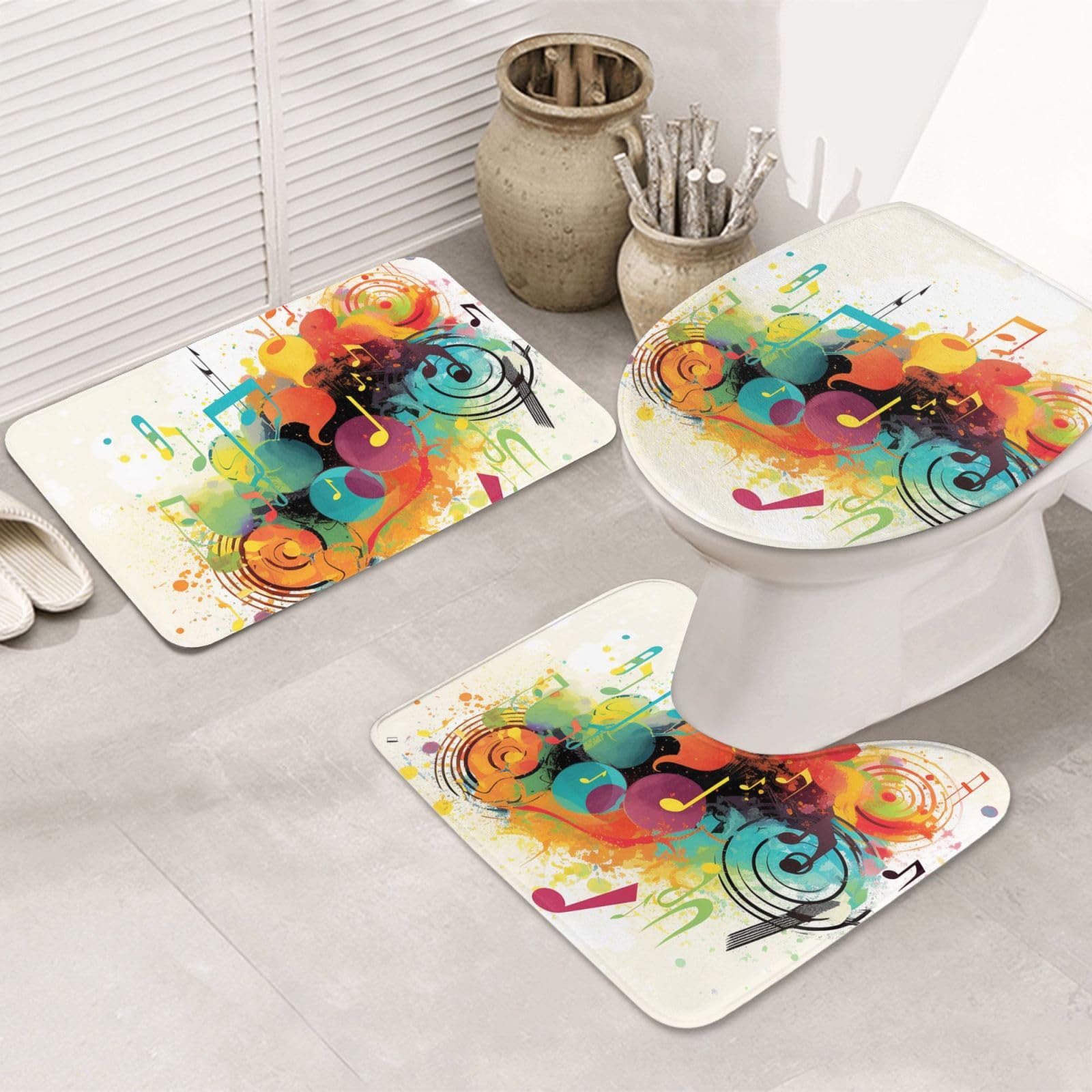 Musica astratta a tema stampa tappeto da bagno Set 3 pezzi con antiscivolo a forma di U Contorno Mat e coperchio WC per la decorazione del bagno