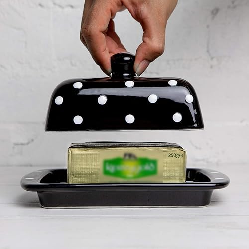 Miniatura 4 de Mantequillera europea hecha a mano con tapa  Mantequilla de cerámica de lunares blancos y negros  Regalo de inauguración de la casa por City to